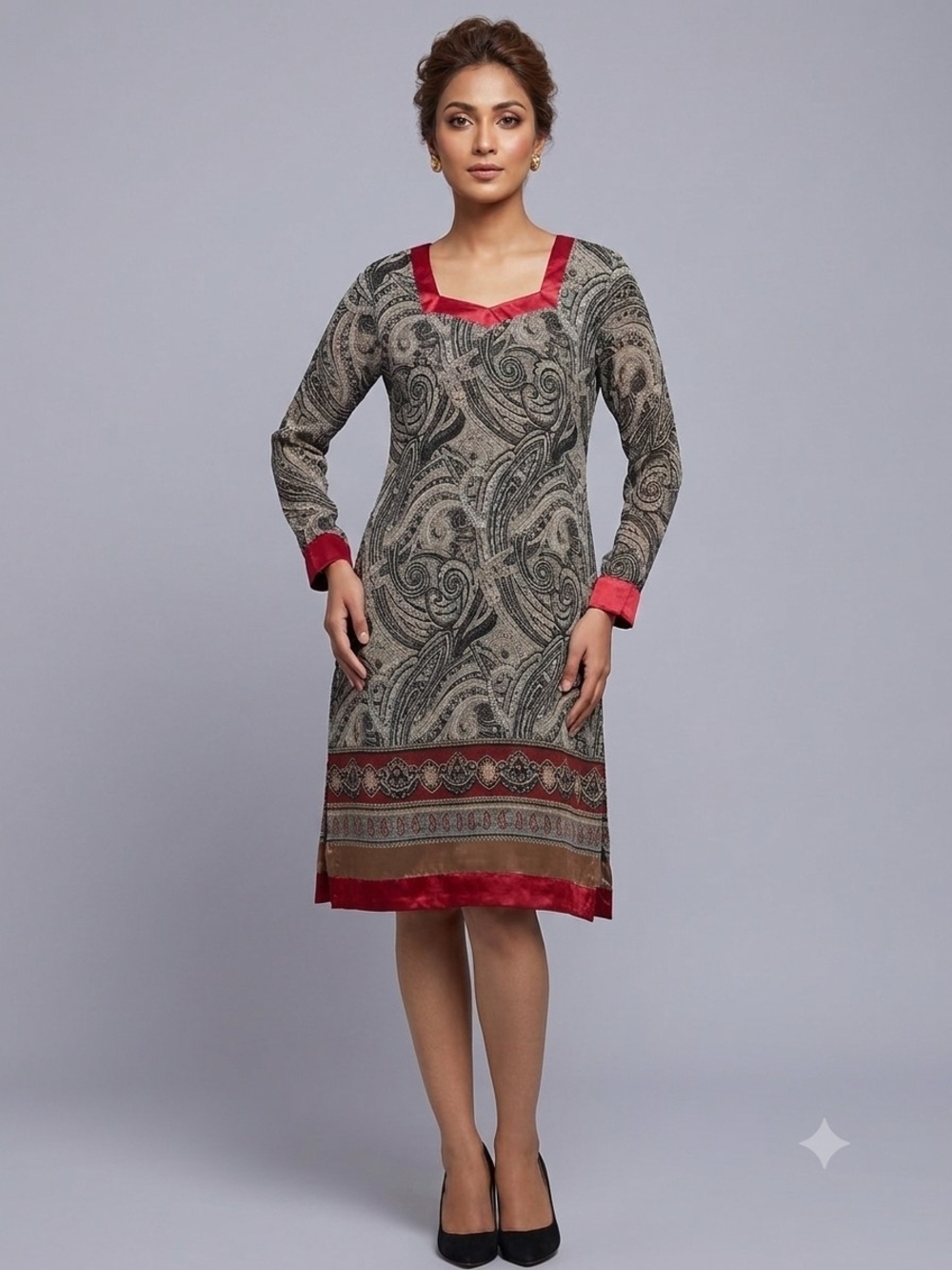 Paisley Midi Dress with Red Trim